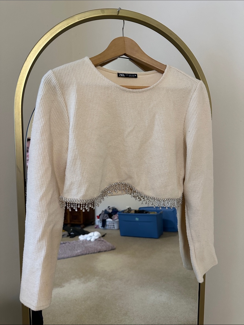 Zara Cream Cropped Knit Top with Beaded Fringe